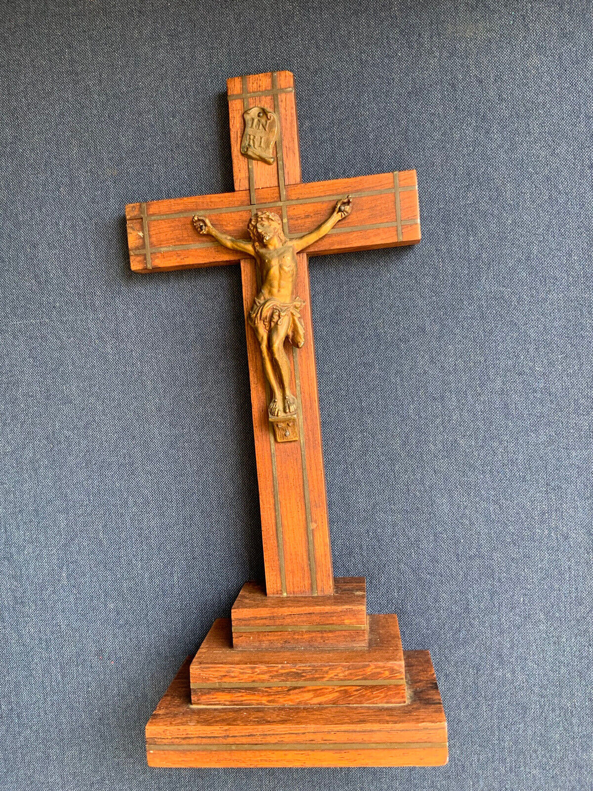 True Antique Cross Crucifix Rich Wood Brass Inlay Made In France