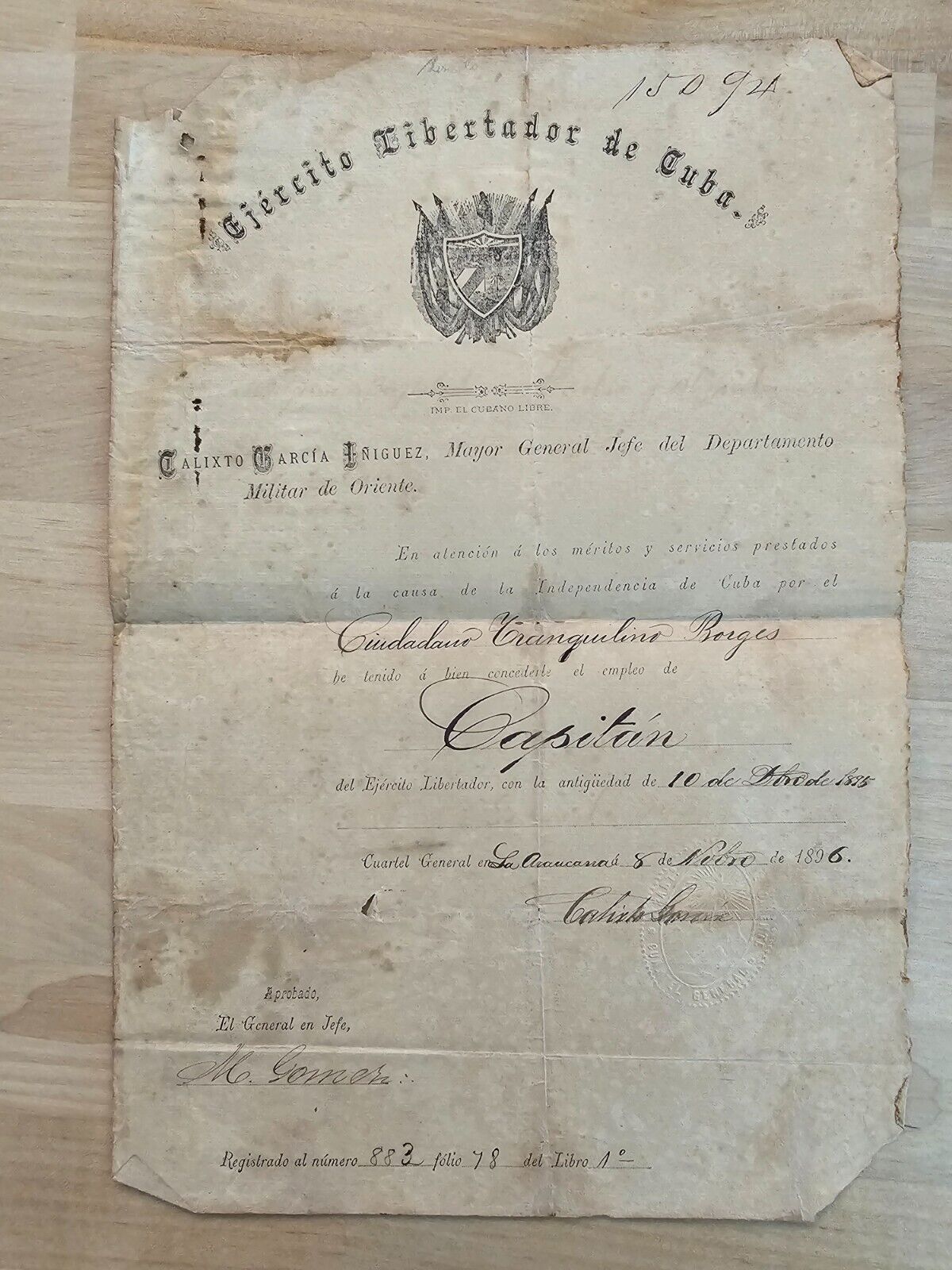 1896 CUBA LIBERATOR MAXIMO GOMEZ + CALIXTO GARCIA WAR SIGNED DOCUMENT AUTOGRAPH
