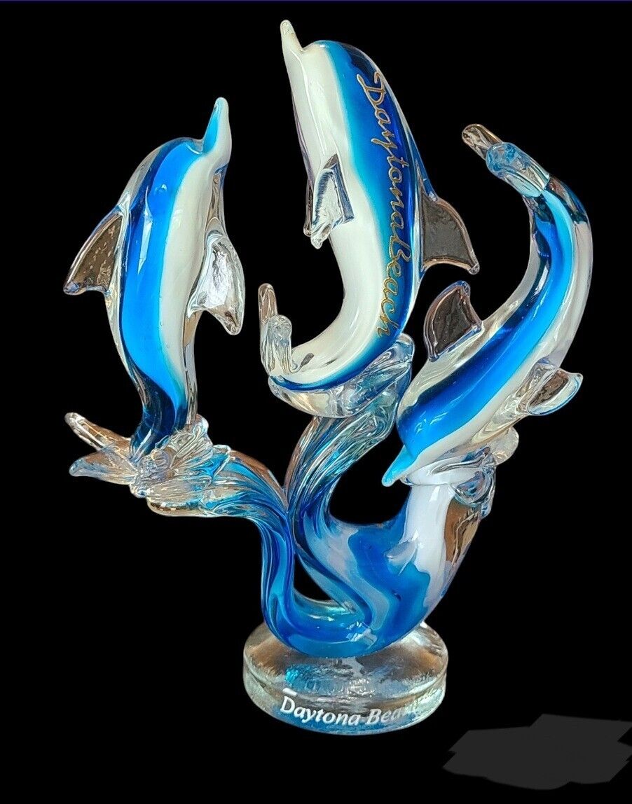 Daytona Beach 3 Jumping Dolphins Blown Glass Statue Blue White & Clear Ocean...
