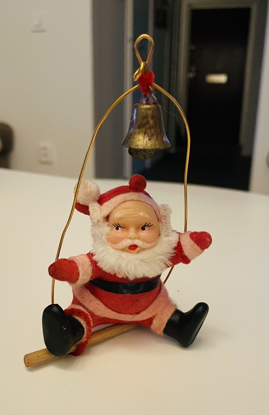 Vintage MCM Flocked Santa Clause on a Swing with a Bell Christmas St. Nicholas