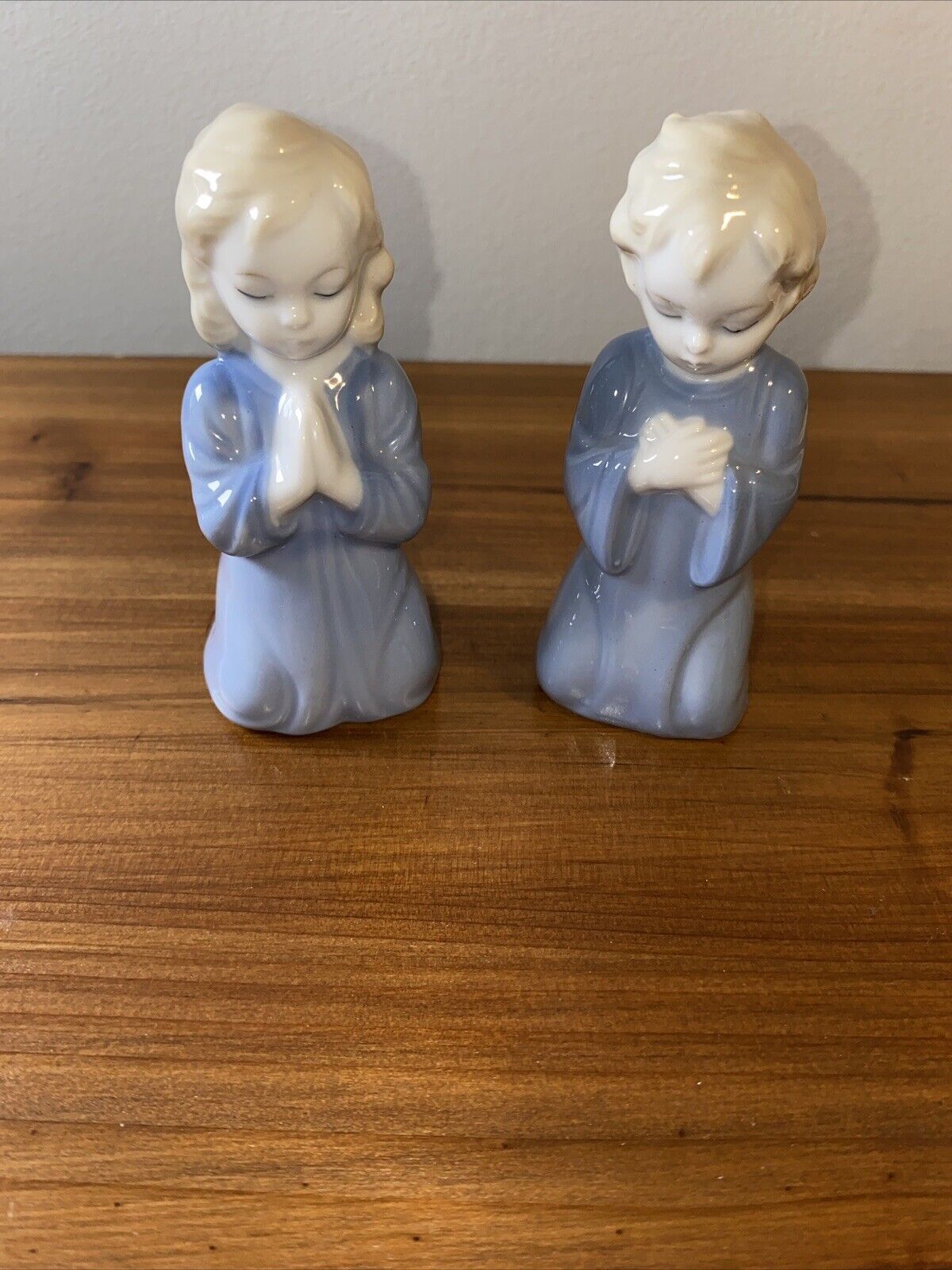 Vintage Ceramic Praying Kneeling Boy and Girl Figurines Blue White