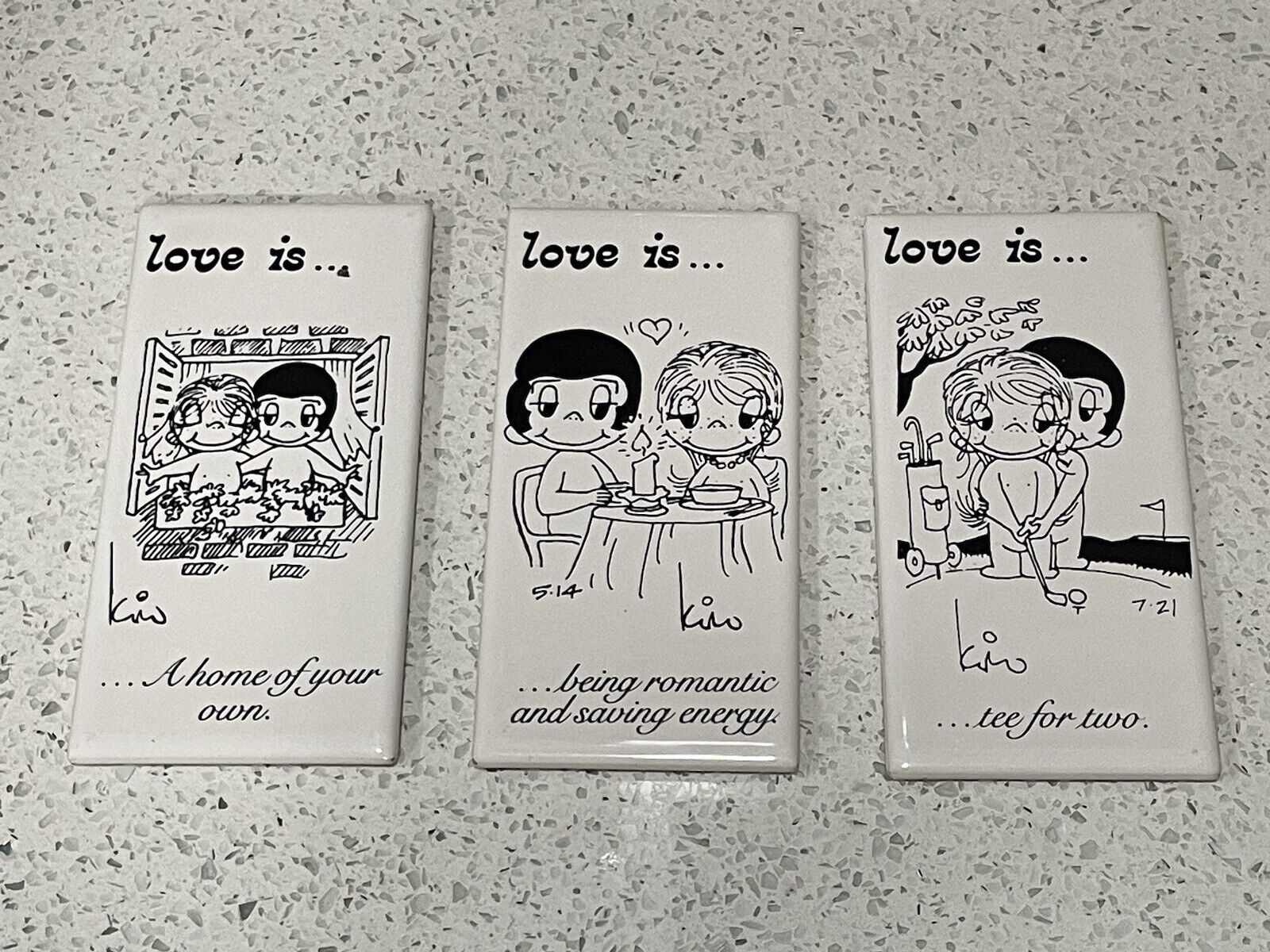 Vintage LOVE IS Ceramic Plaques Kim Casali Set Of 3 1970's Kitsch