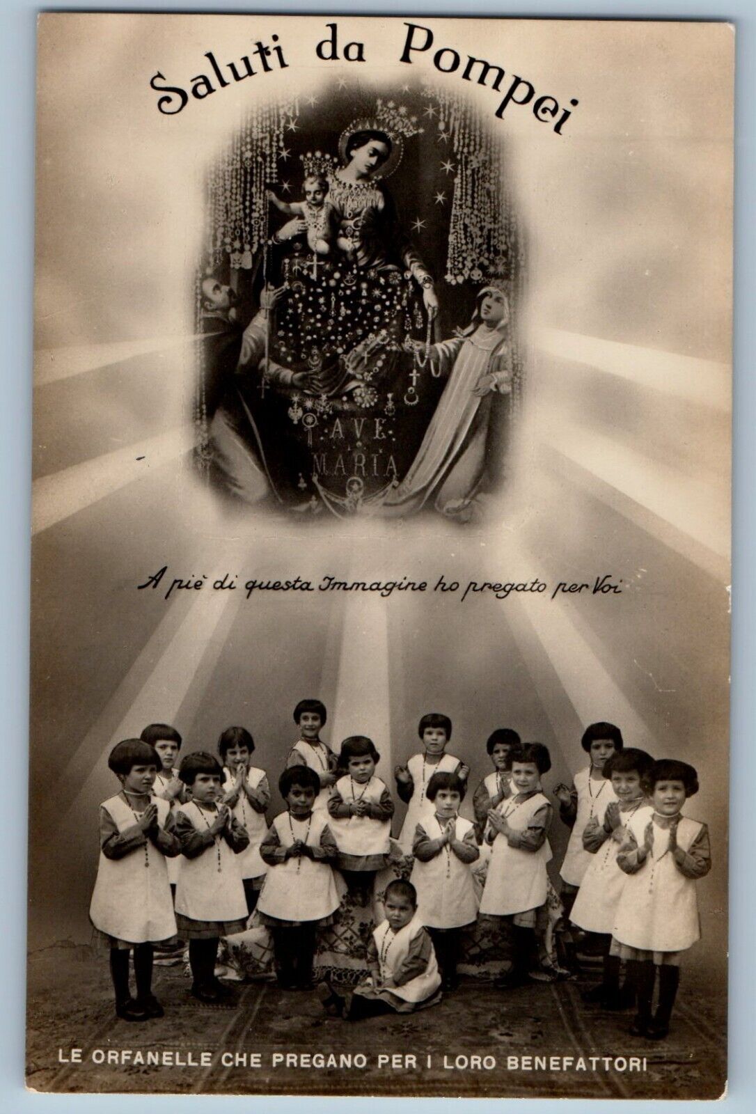 Italy Postcard The Orphans Praying Greetings from Pompeii 1944 RPPC Photo