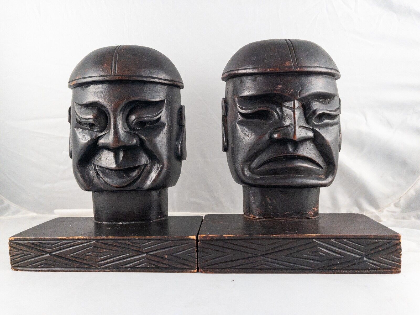 Vintage Wooden Bookends Happy/Sad Faces Bali Asian Hand Carved