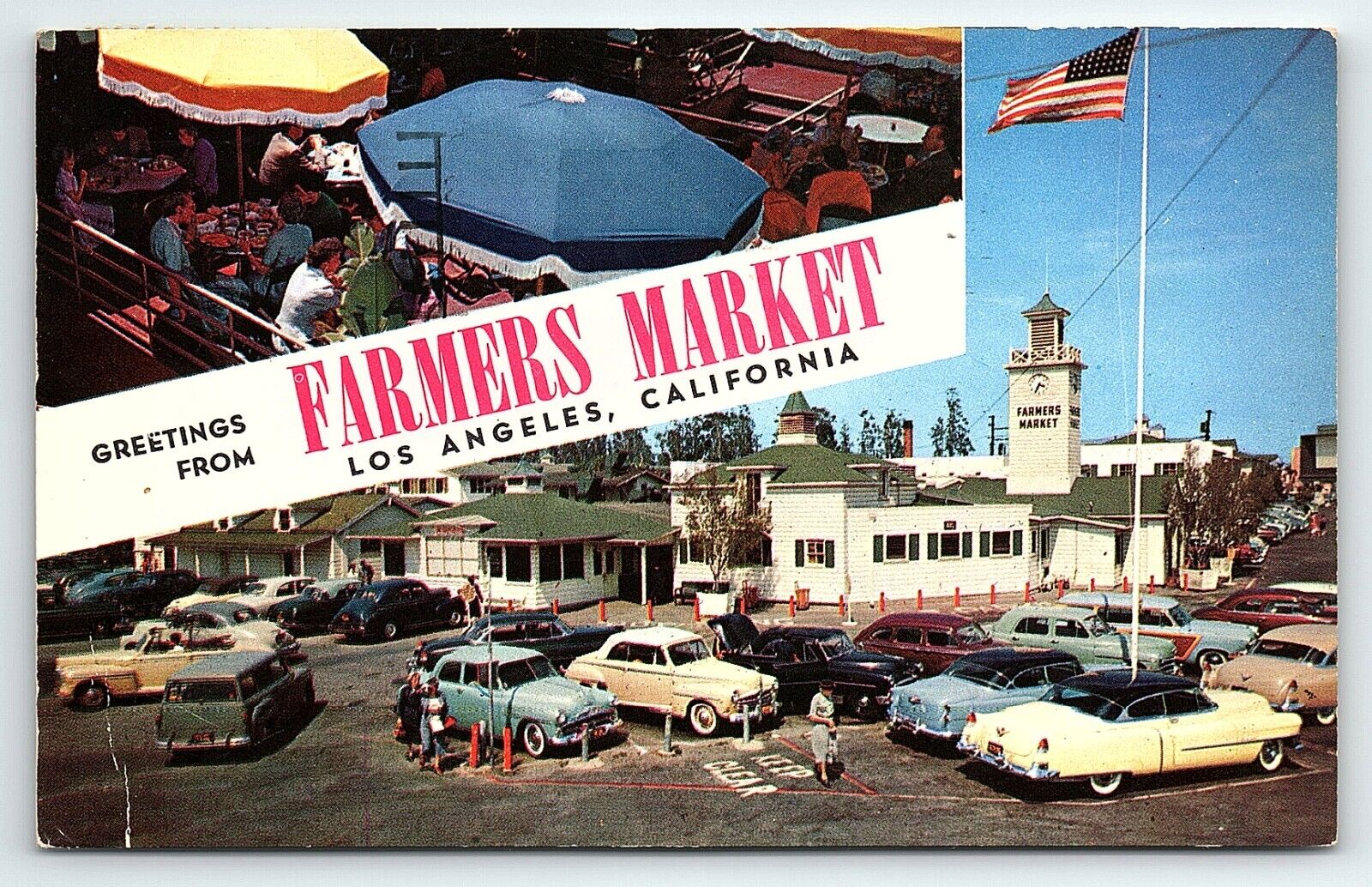 1956 LOS ANGELES CA GREETINGS FROM FARMERS MARKET OLD CARS POSTCARD P3808