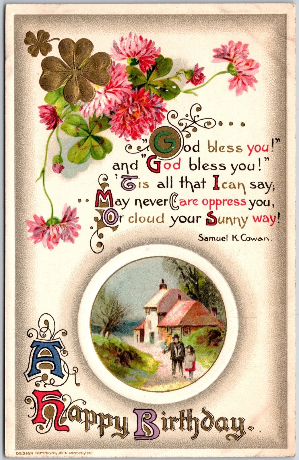 A Happy Birthday Pink Flowers Golden Lucky Clover Houses Greetings Postcard