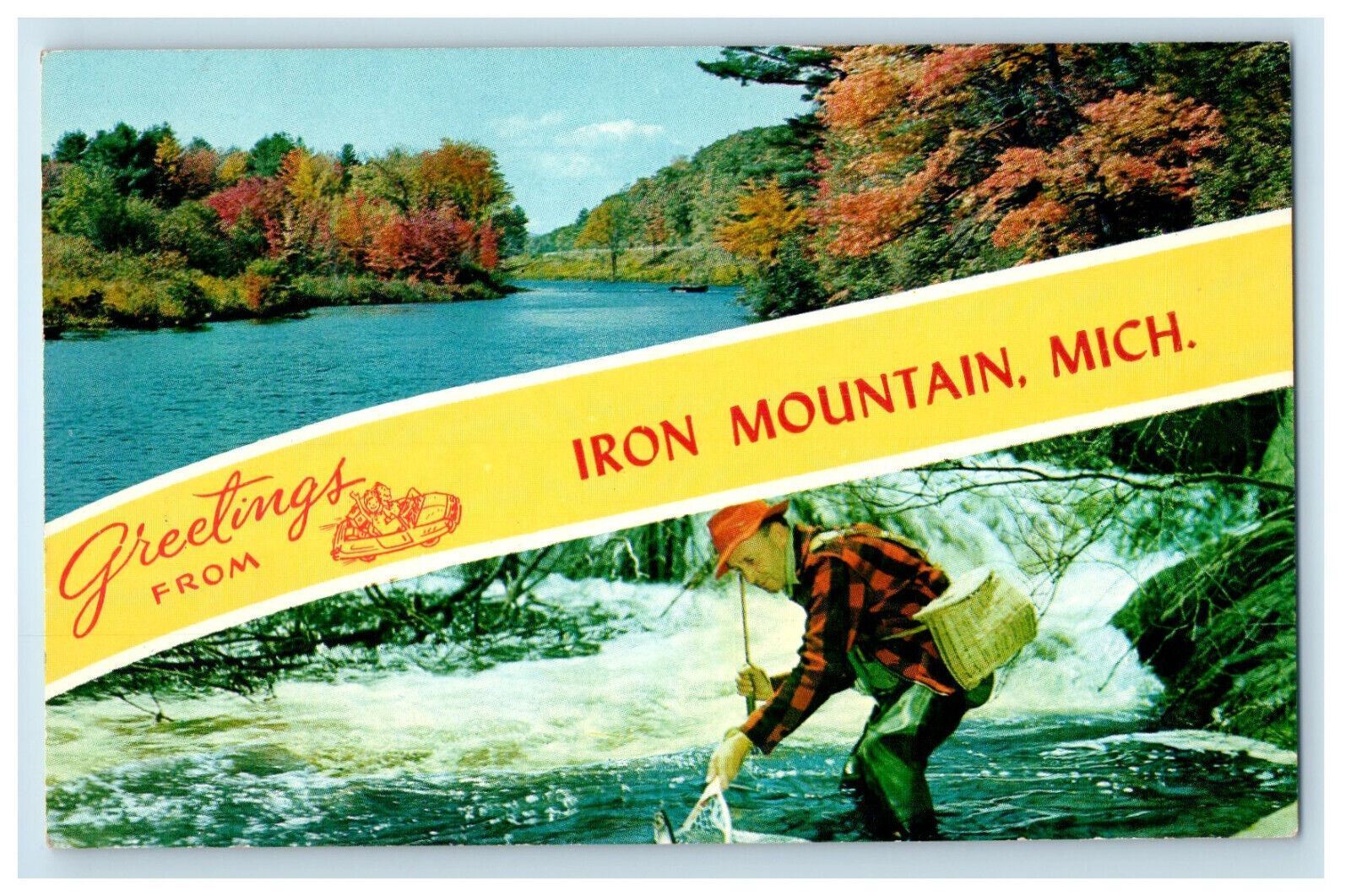 c1950s Fishing, Flowing Water, Greetings from Iron Mountain MI Postcard