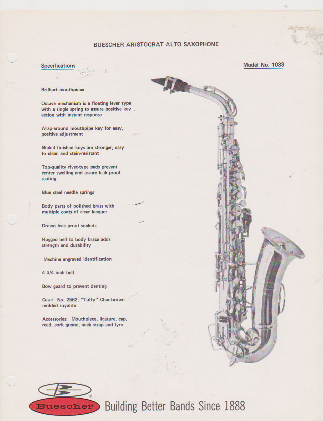 AD SHEET #2513 - 1970s BUESCHER MUSICAL INSTRUMENT - ARISTOCRAT ALTO SAX #1033