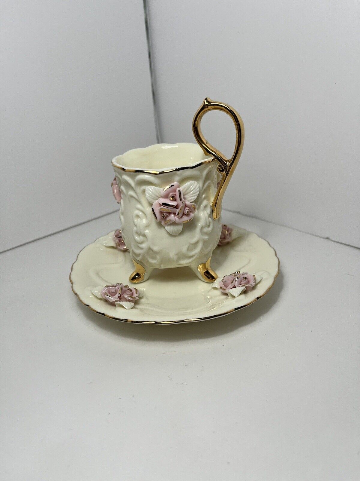 3D Teacup and Saucer Victorian Style Ivory Color Pink Rosette and Gold Tone Trim