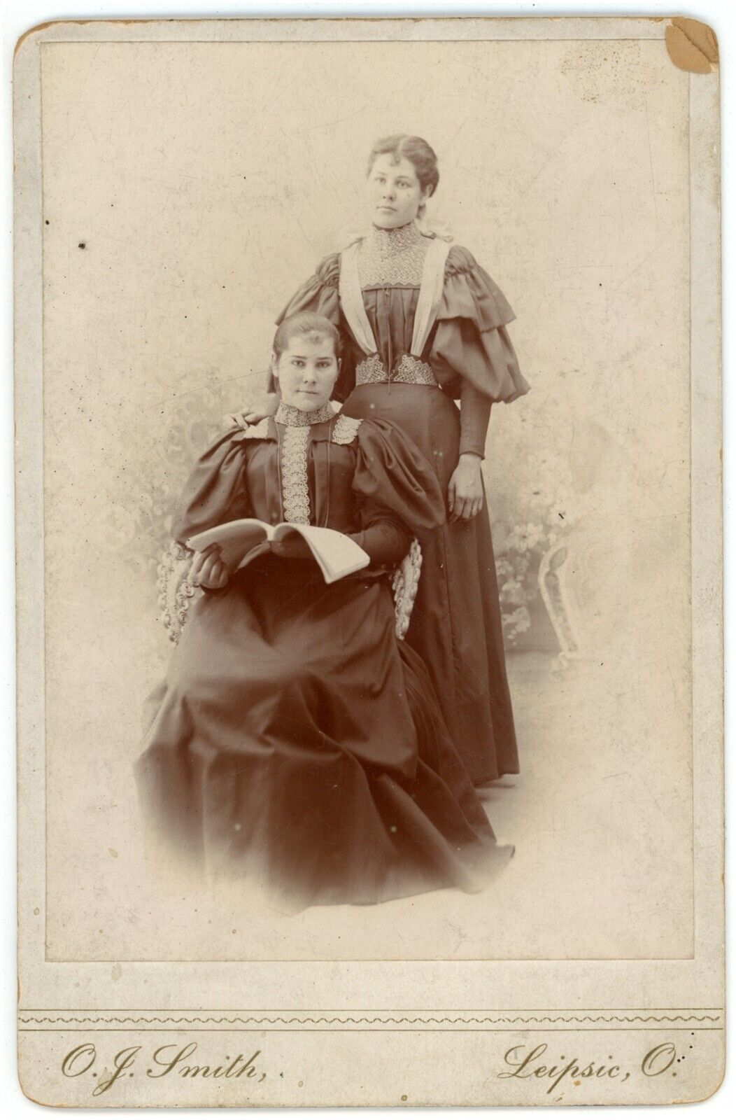 Cabinet Card Dated 1896 Two Beautiful Women. One Sitting With Book Leipsic, OH