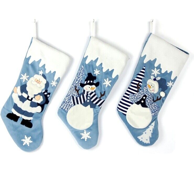 Lot/3 Christmas Stockings Santa Snowman Snow Lady Blue Appliqué 