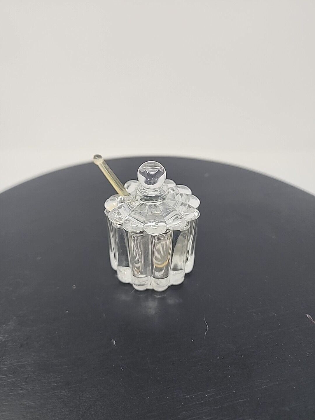 Vintage clear glass ribbed salt cellar with lid and spoon
