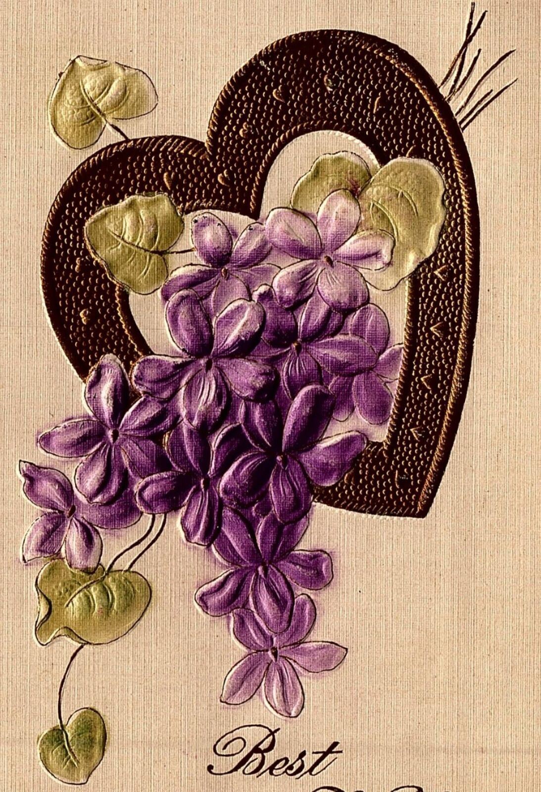 c1910 BEST WISHES HEART FLOWERS GILDED HEAVILY EMBOSSED POSTCARD 20-197