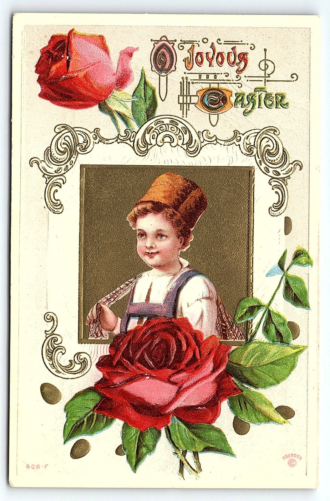 c1910 JOYOUS EASTER YOUNG GIRL ROSES FLORAL EMBOSSED POSTCARD P2518