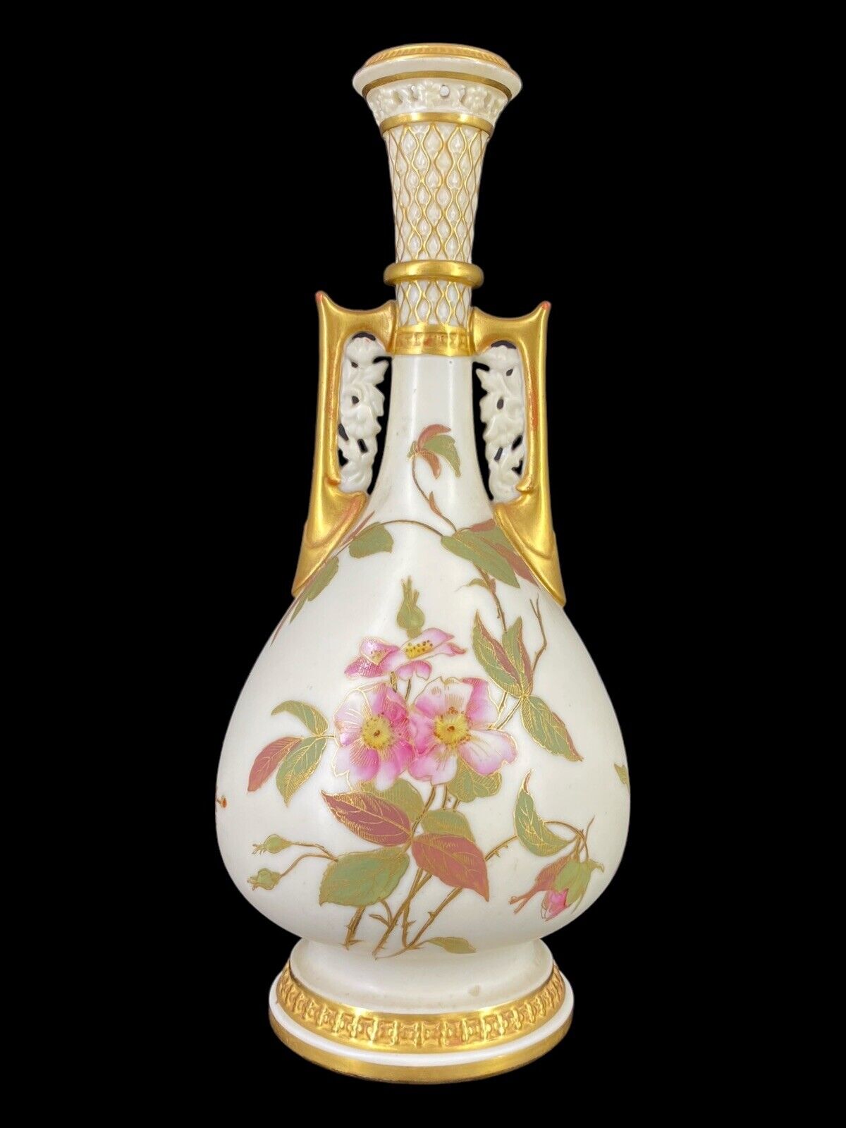 Antique Royal Worcester #942 Blush Ivory English Porcelain Gilt Floral Vase 10\