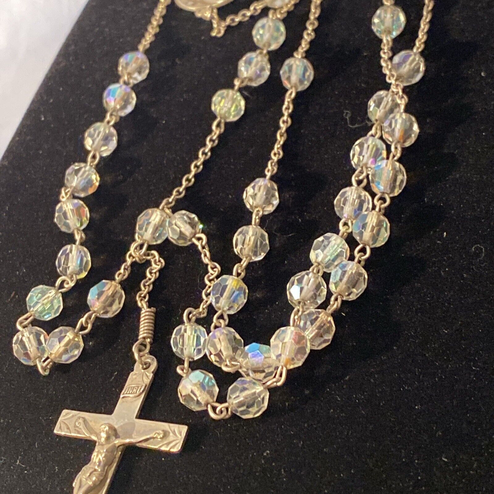 VTG Antique Rosary STERLING silver Austria Aurora Borealis Beads  36”+  INRI
