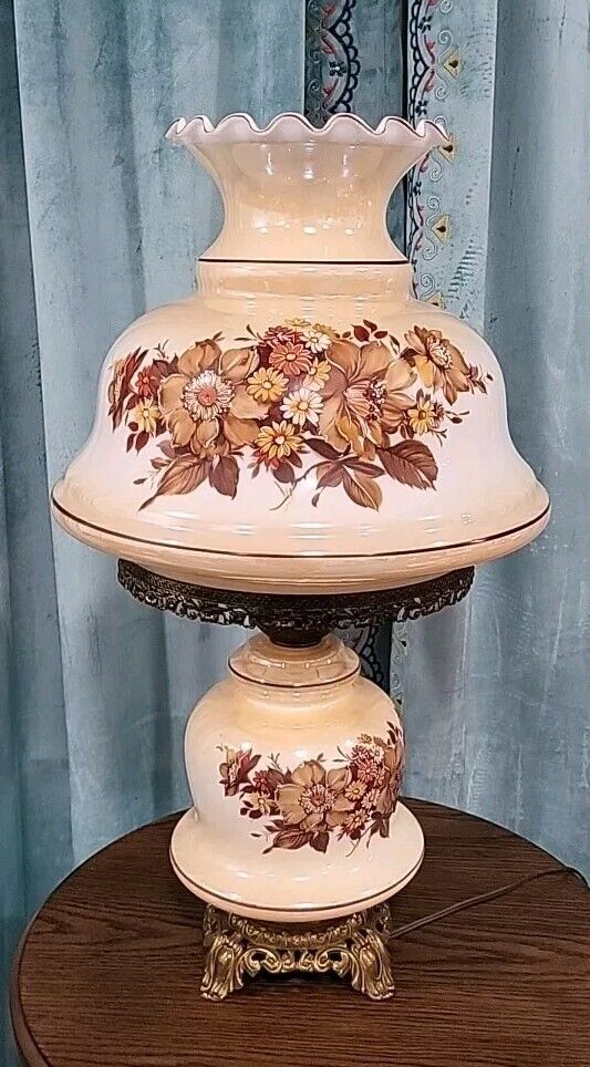 Vintage Large Floral Parlor Hurricane Lamp Gone With the Wind Chimey Cast Iron