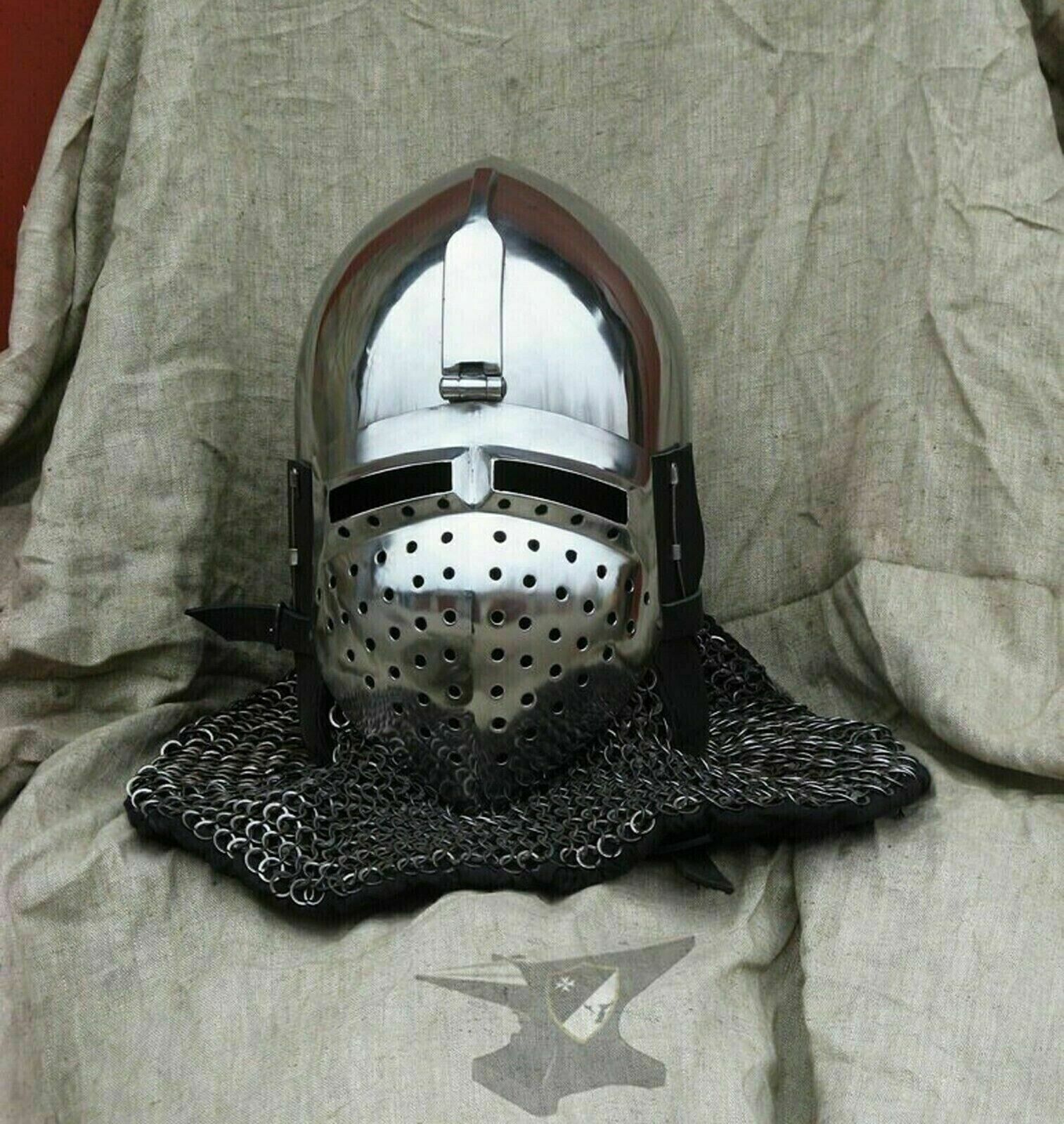 Antique Custom SCA HNB 18 Gauge Steel Medieval Combat Big Faced Bascinet Helmet