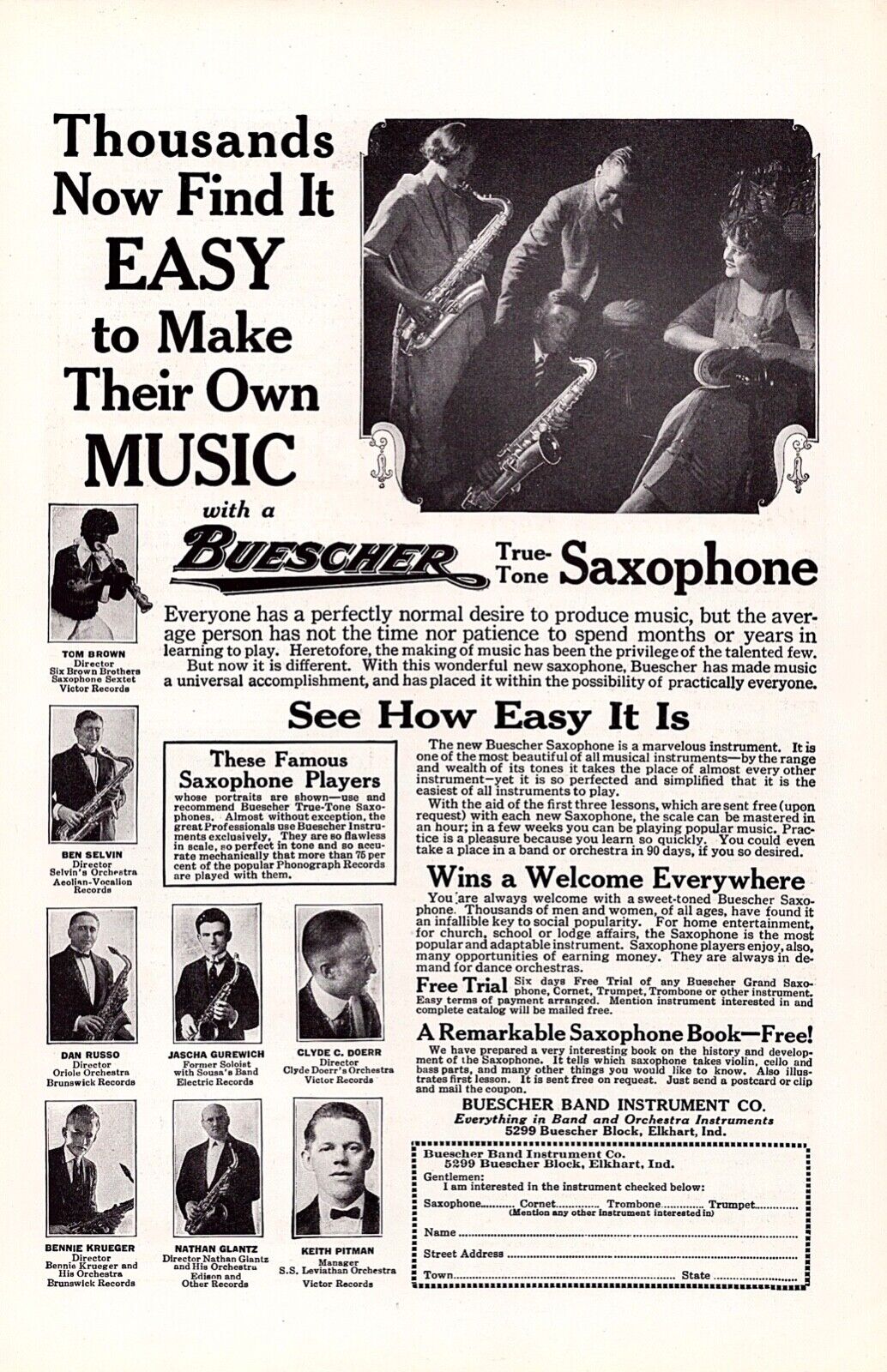 1923 BUESCHER True-Tone SAXOPHONE ~ VINTAGE PRINT AD