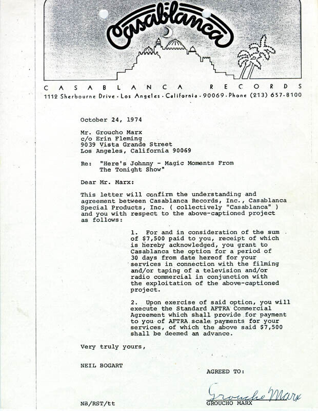 GROUCHO (JULIUS) MARX - DOCUMENT SIGNED 10/24/1974
