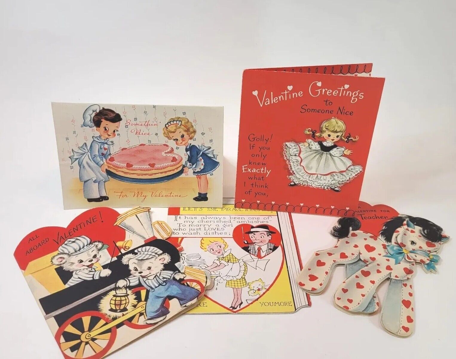 Vtg \'50s Valentine Cards Lot of 5 Stand Up Opens Bears Pony Chef Crafting Decor