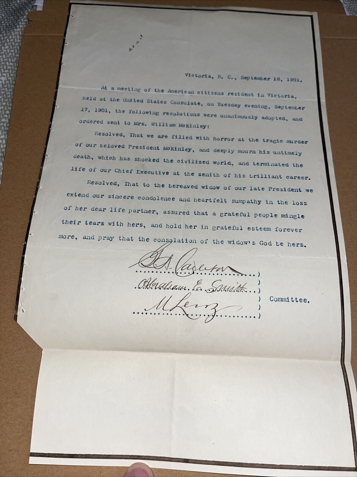 Antique Citizen Resolution at Victoria Canada Consulate - McKinley Assassination