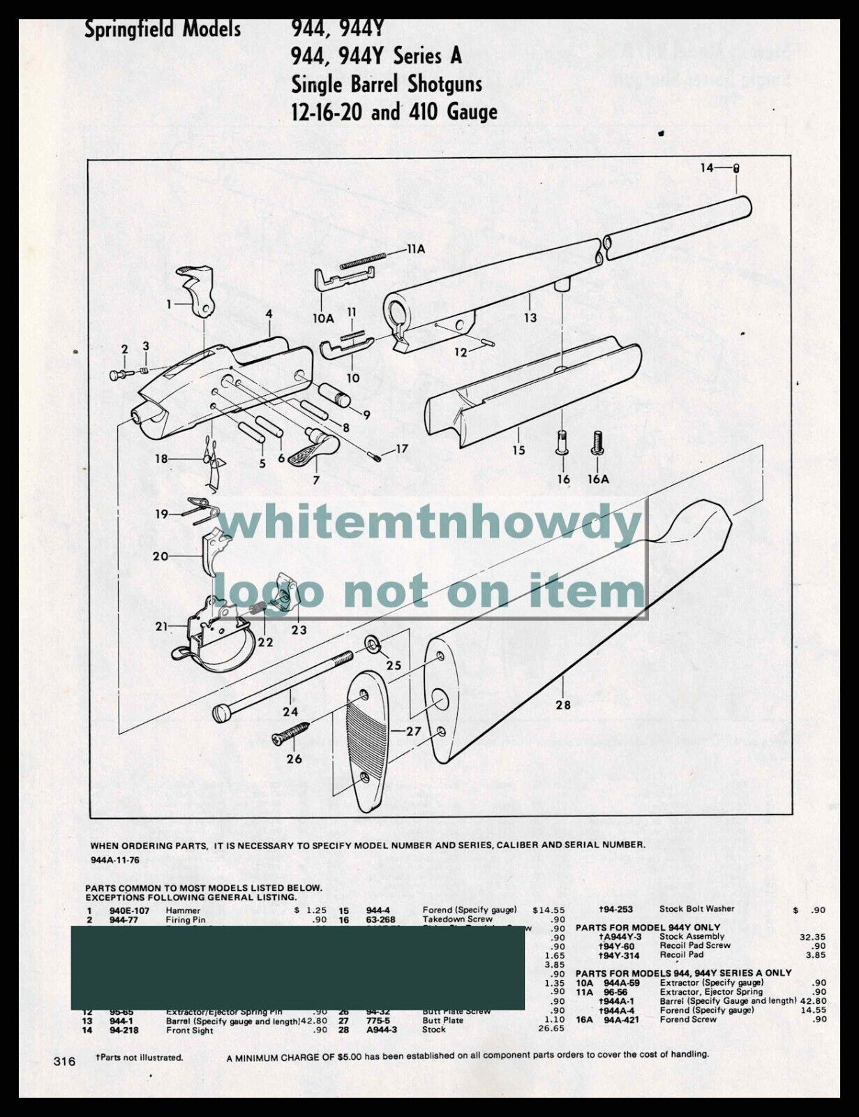 1984 SPRINGFIELD 944, 944Y & 944 944Y Series A Shotgun  Schematic Parts List