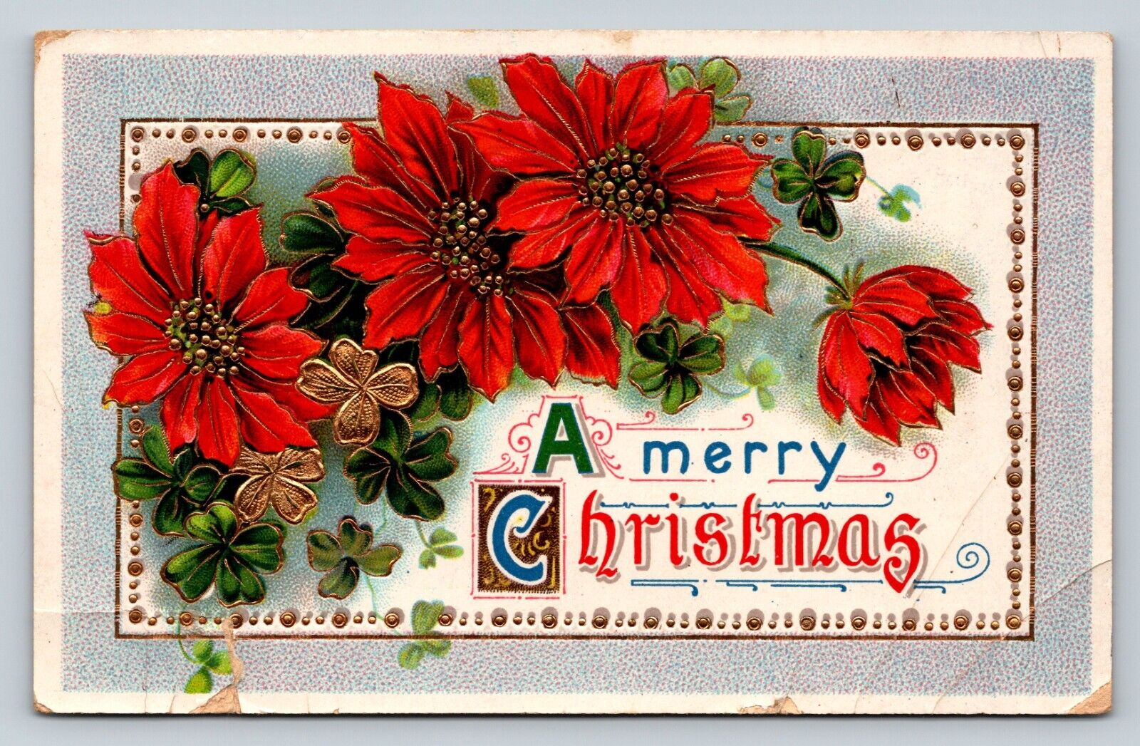c1913 A Merry Christmas Pretty Flower Design Embossed ANTIQUE Postcard