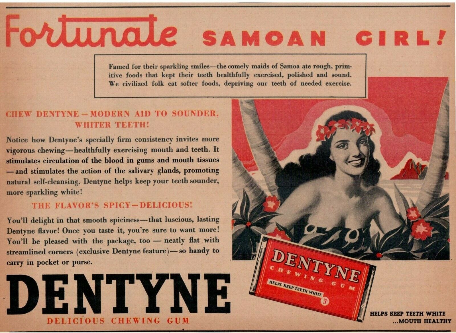 1930’s Dentyne chewing gum print ad “Fortunate Samoan Girl” clipping 10x7.5”