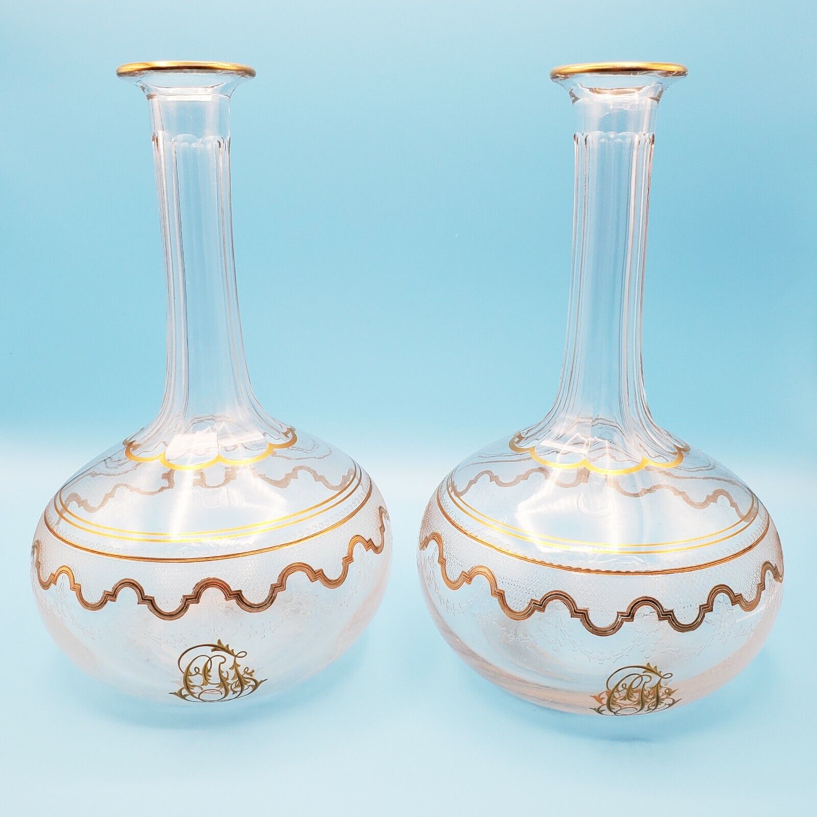 Antique Pair Gilded Saint Louis Crystal Decanters 19th c. Beethoven Gold Accents