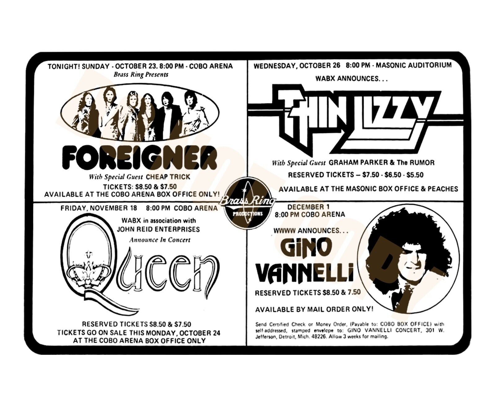 Circa 1977 Cobo Arena Detroit Foreigner Thin Lizzy Queen Newspaper Ad 8x10 Photo
