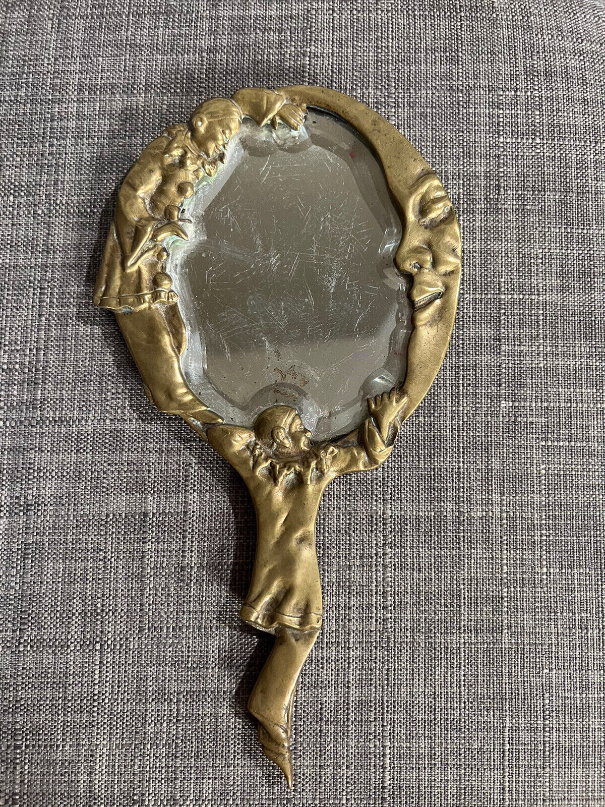 Antique Pierrot Clown & Moon Brass Hand Held Vanity Mirror With Beveled Glass