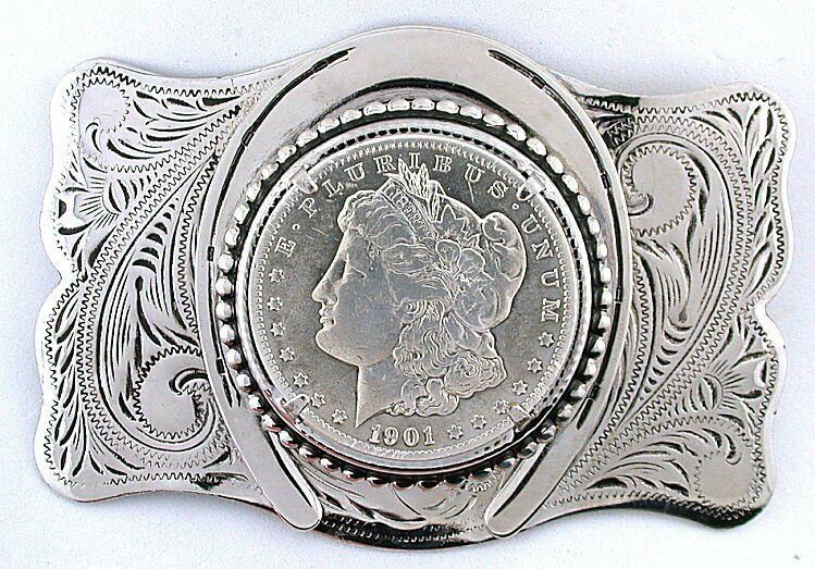 Silver Color Southwest Western 1901 Morgan Silver Dollar Horseshoe Belt Buckle
