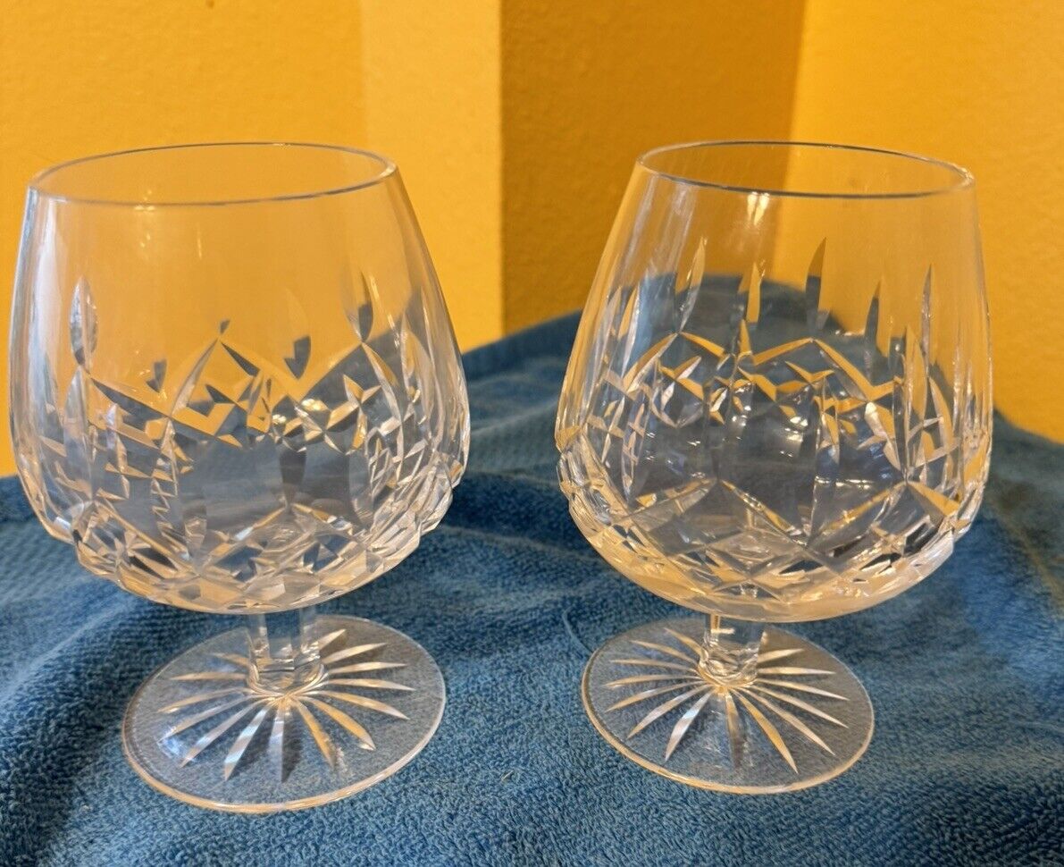 Pair Waterford Crystal Lismore 5.25” Balloon 14oz Brandy Snifter Stem Glasses