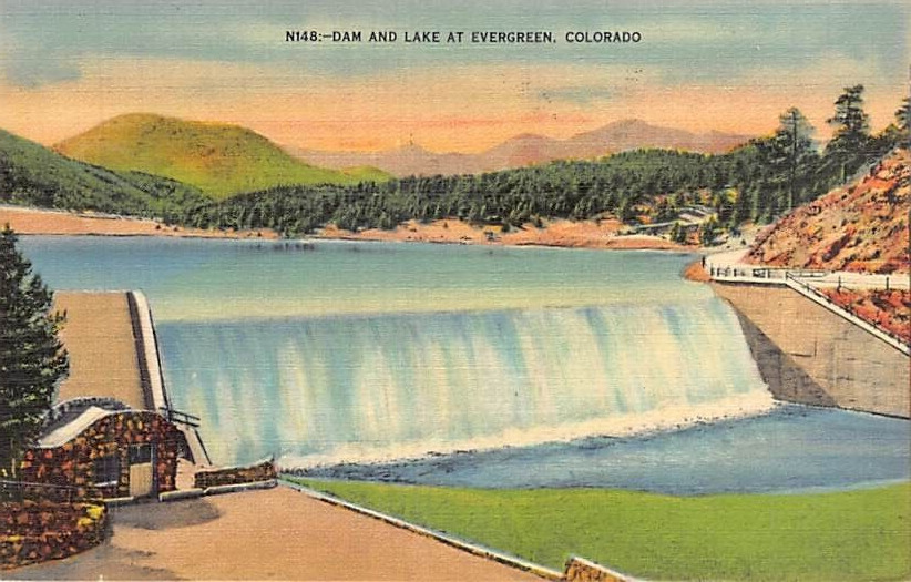 Postcard CO: Dam & Lake at Evergreen, Colorado, Posted 1942, Vintage Linen