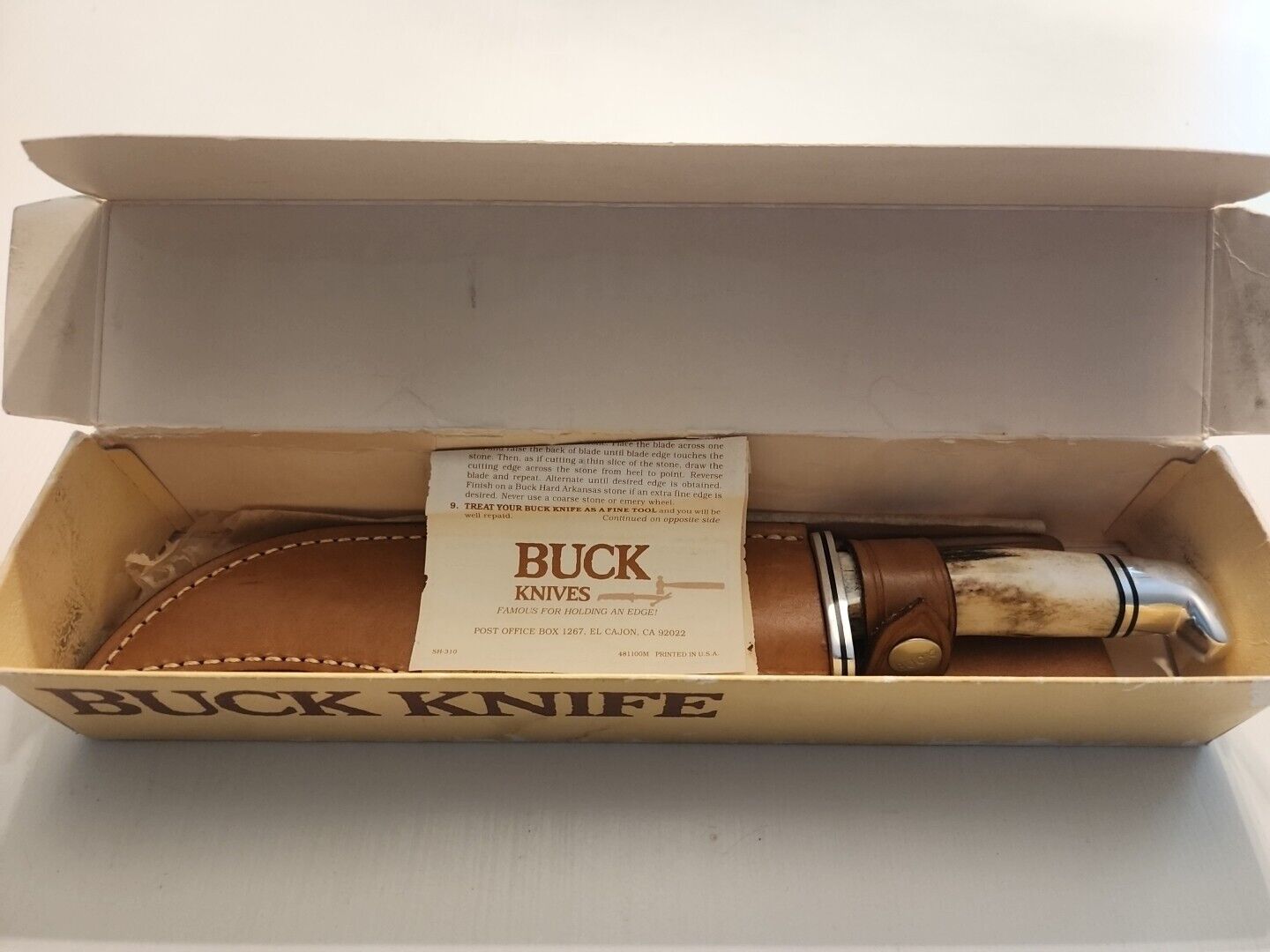 NEW VINTAGE Buck Knife 120 Stag With Leather Sheath Bone Handle Original Box