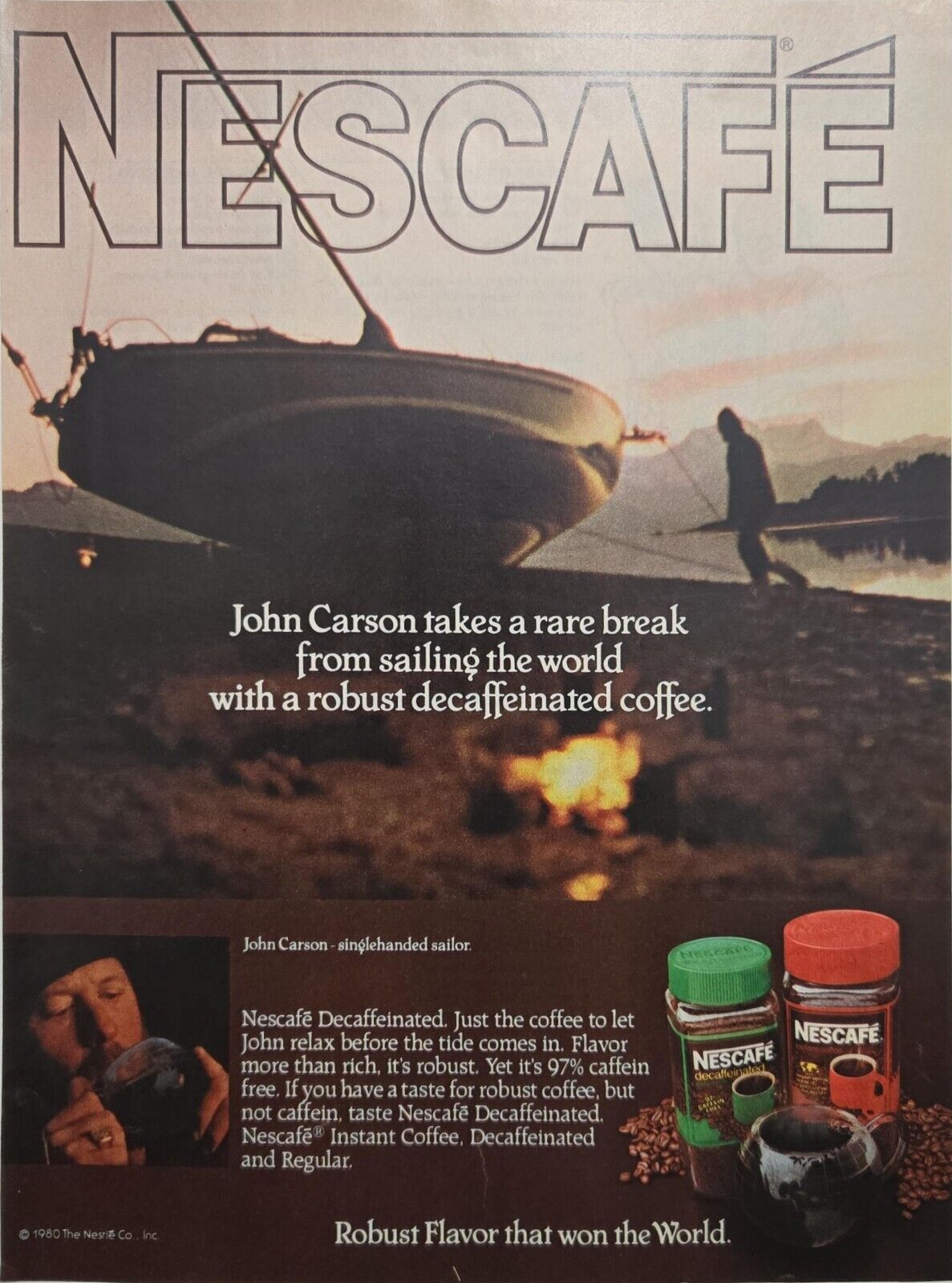 1980 Vintage Print Ad Nescafe Coffee John Carson Sailing Bold Flavor 