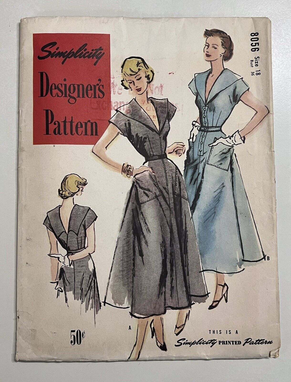 Very Rare 1940s Simplicity Designer Sewing Pattern 8056 V Neck Dress Sz 18 UNCUT