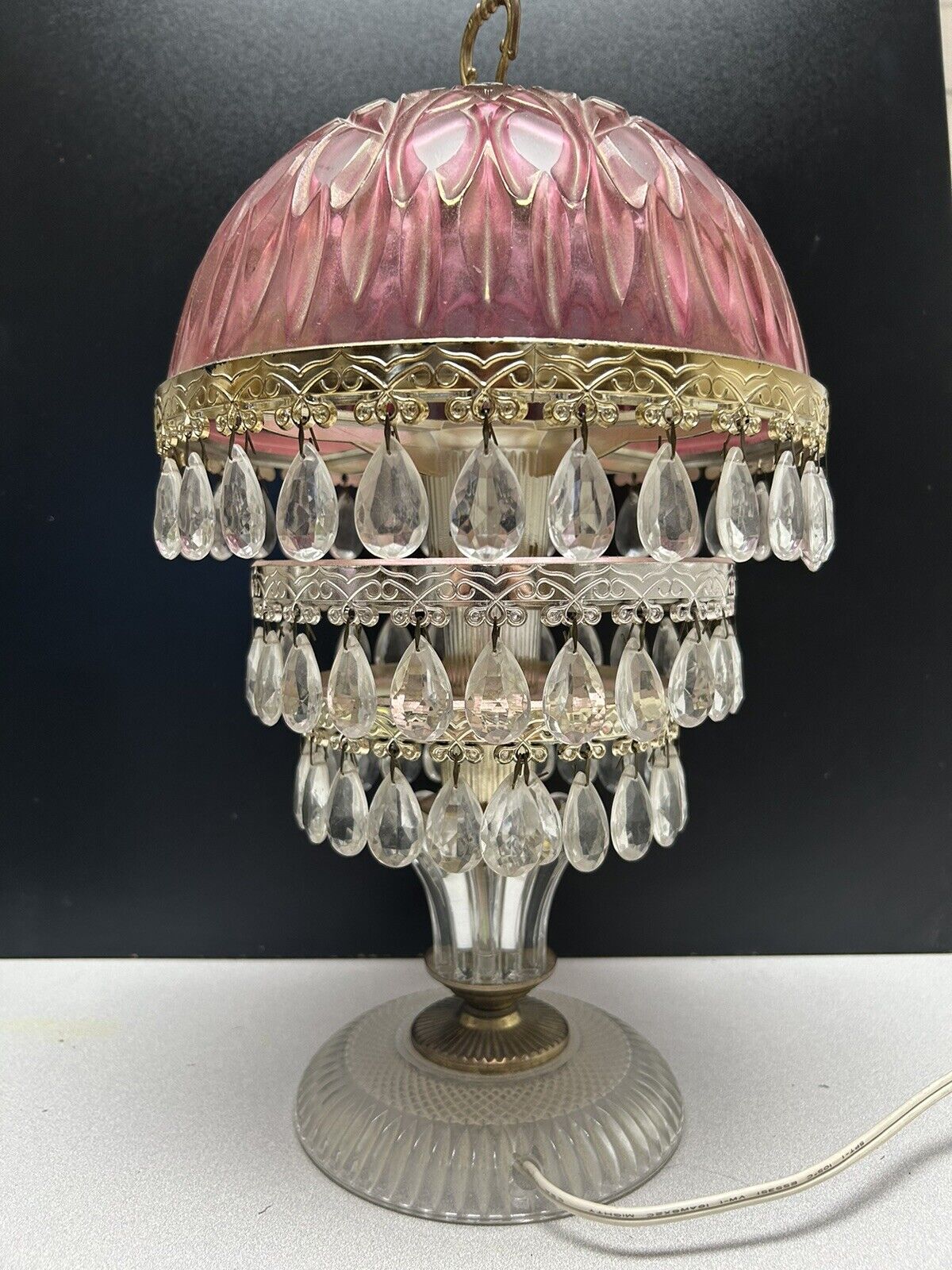 Vintage Michelotti Pink Crystal Glass Prism Boudoir Parlor Lamp