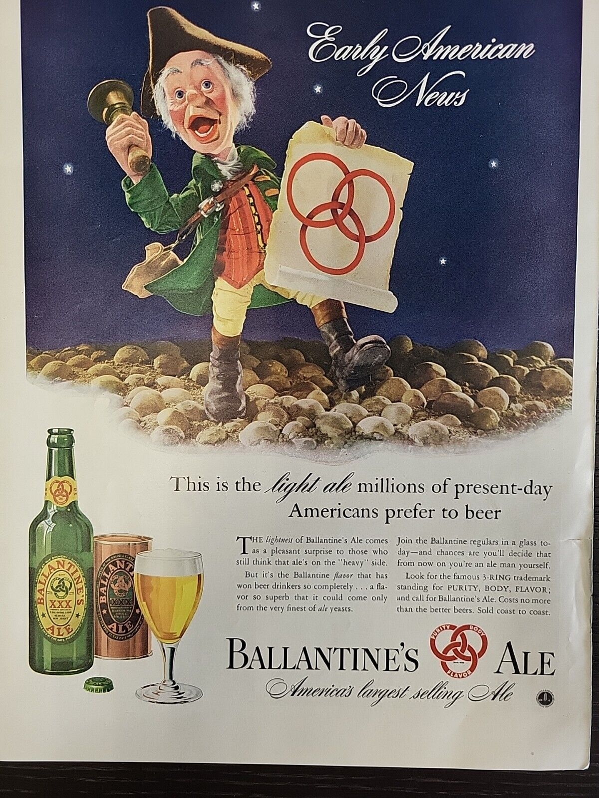 1941 Ballantine\'s Ale Minuteman Patriot 3-Ring Beer Print Advertising LIFE Color