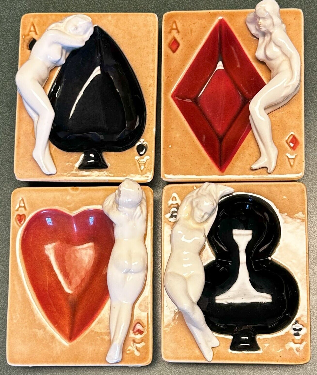 Vintage Shafford Risque Playing Card Ashtrays Circa 1940s Set of 4 - Very Nice