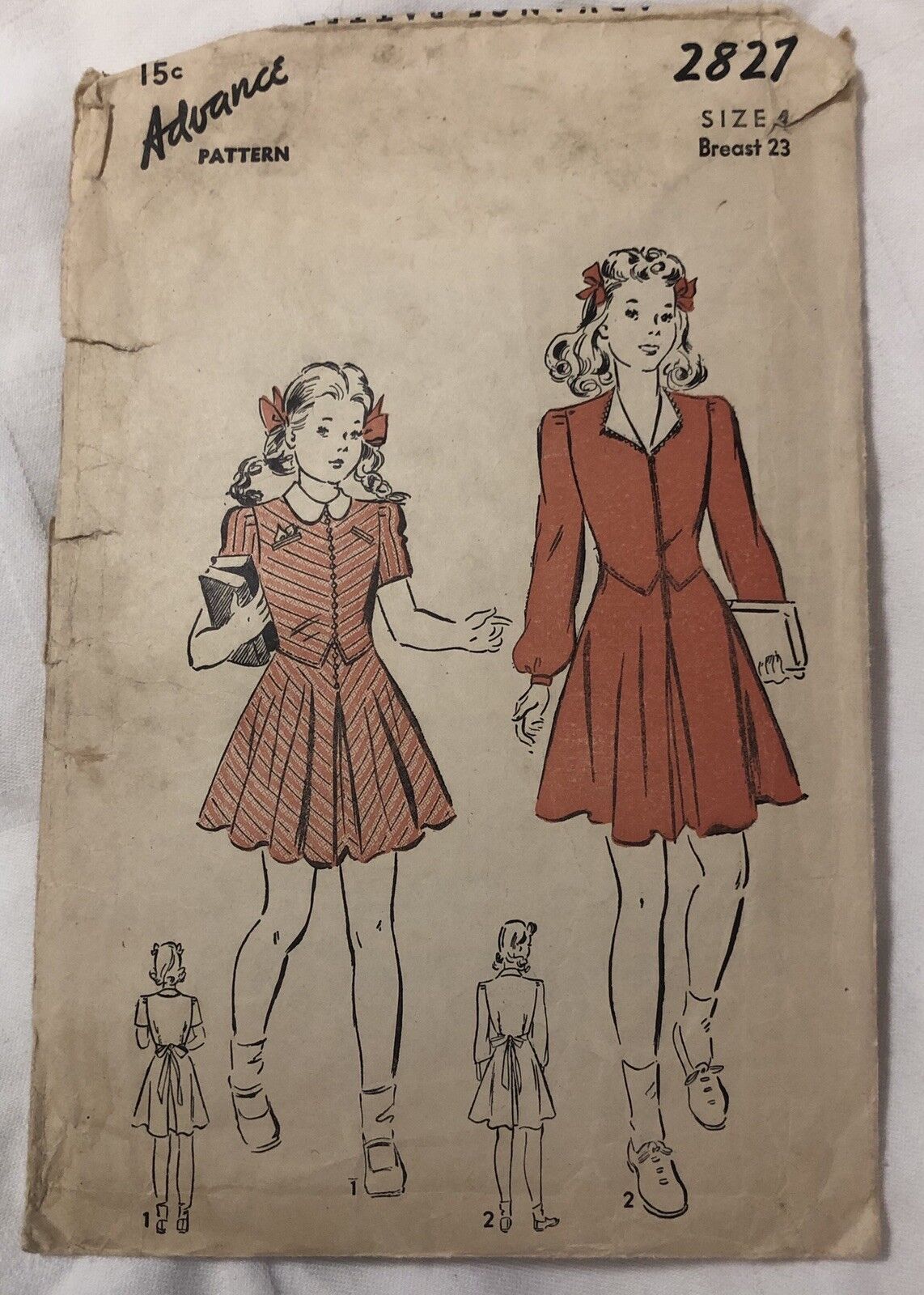 Vintage 1940s Advance Pattern Co 2827 Girls Size 4 Short or Long Sleeve Dress