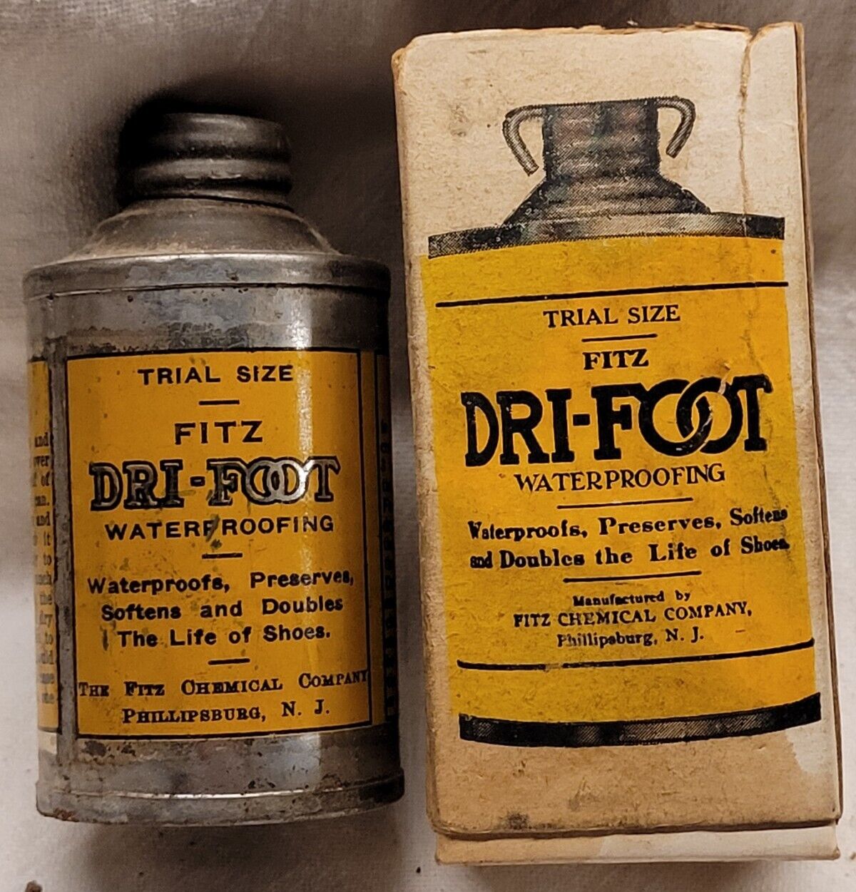 OLD FITZ DRI-FOOT SHOE WATERPROOFING TRIAL TIN w ORIGINAL BOX GREAT GRAPHICS 