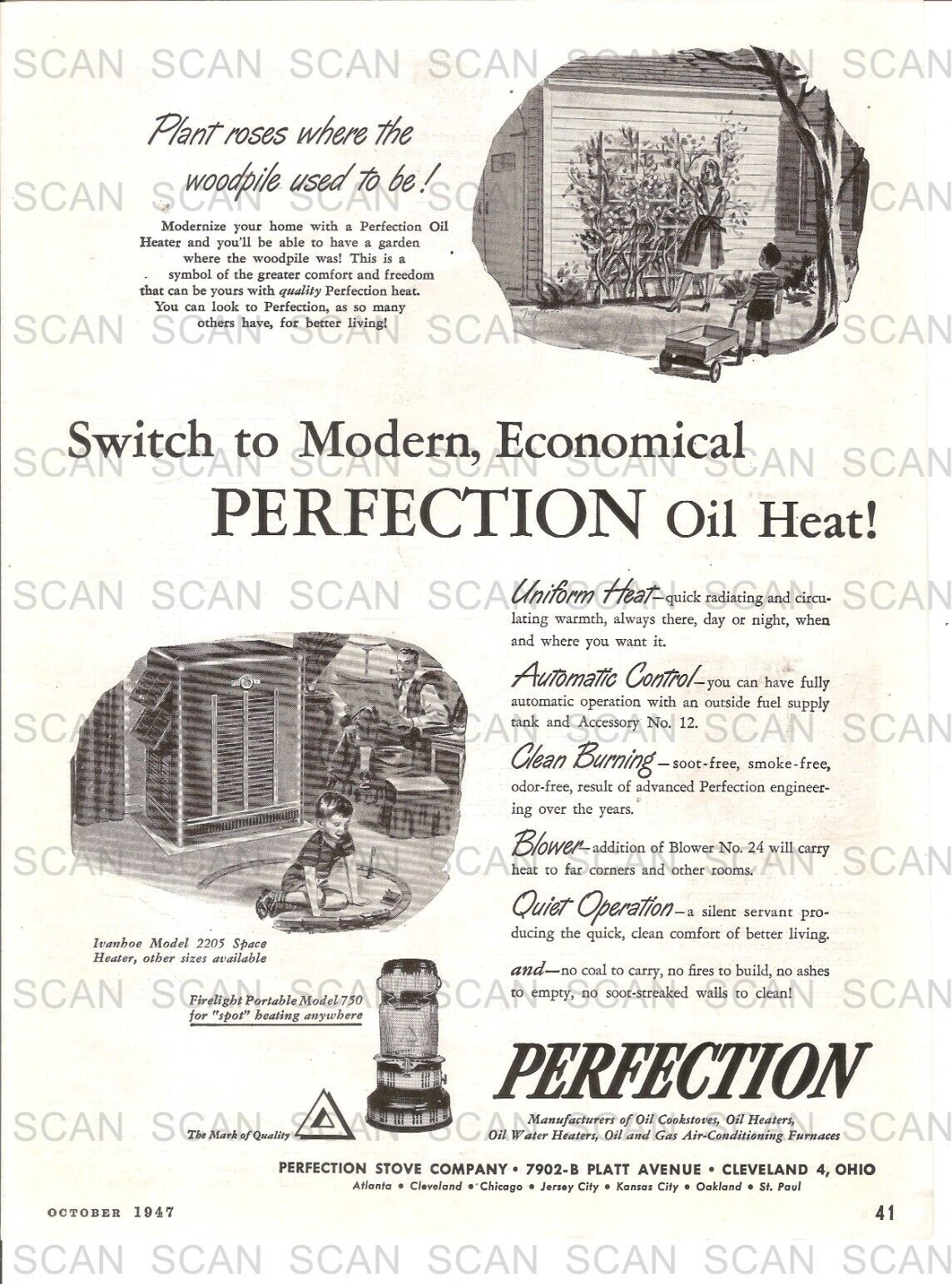 1947 Perfection Stove Co. Vintage Magazine Ad Perfection Oil Heater
