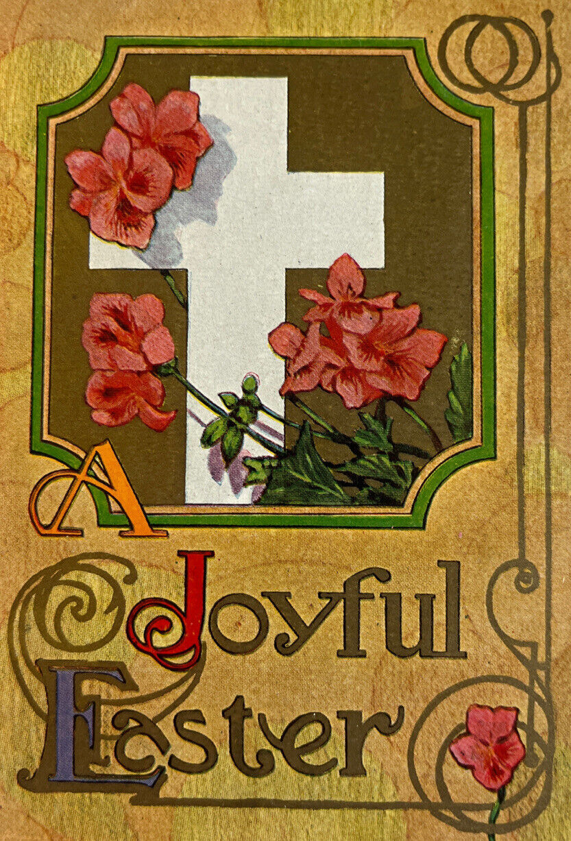 Antique Early 1900s Ephemera Litho Postcard Joyful Easter Religious Cross Floral