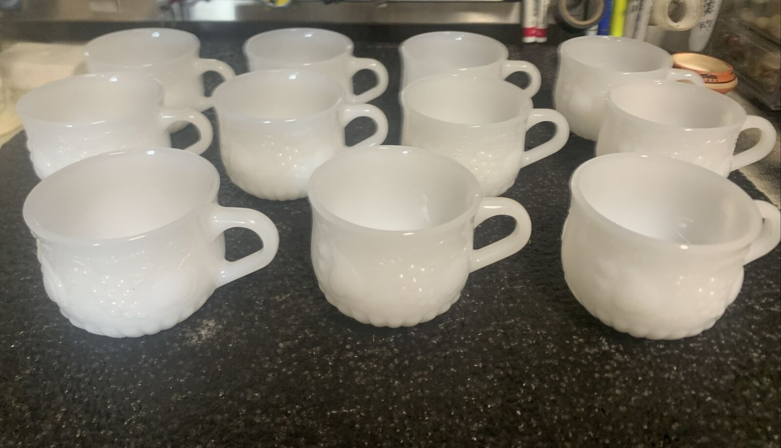 Vintage Jeannette Milk Glass Punch Cups 2 1/2 in. Fruit Pattern Set of 11 cups
