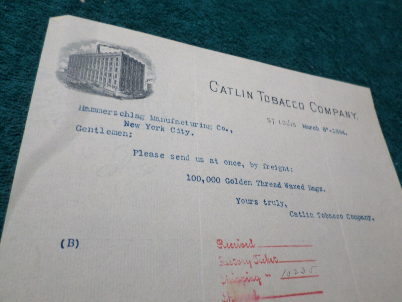 1894 Old Document, Catlin Tobacco Co. St. Louis, Order from NY City