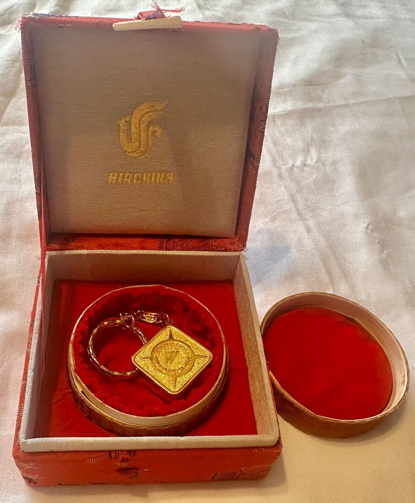 Vintage Air China Heavy Gold Plated Keychain Red Basket Box Airlines Travel RARE