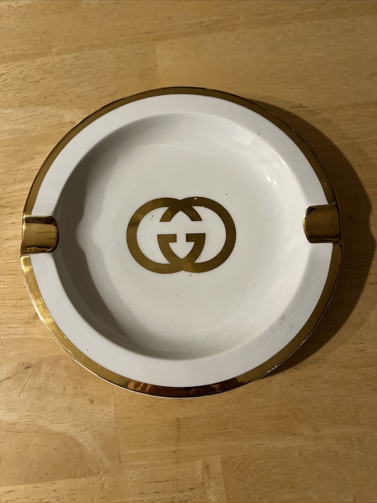 RARE GUCCI Ivory Ashtray with Iconic Gold Leaf Double GG Design Vintage 1970s