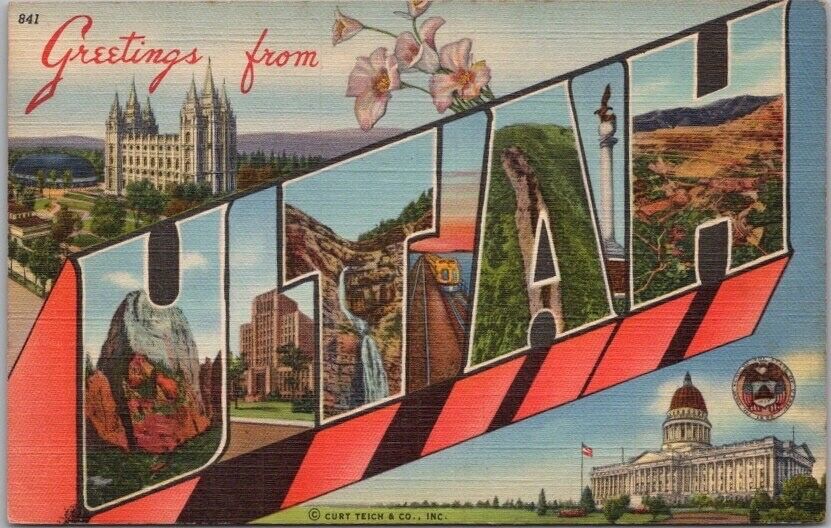 Vintage 1941 UTAH Large Letter Postcard - State Capitol & Flower Curteich Linen